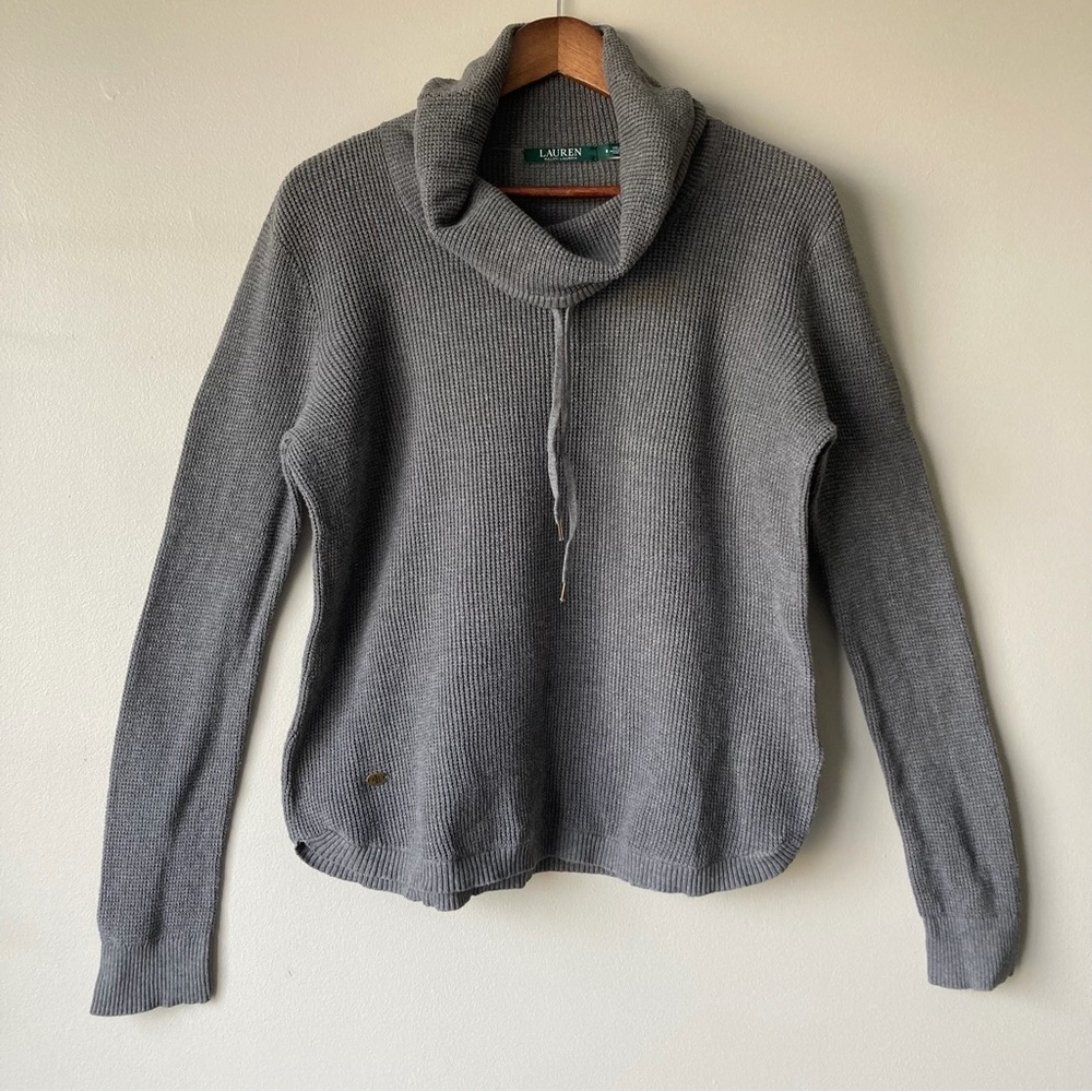 Lauren Ralph Lauren Grey Waffle Knit Cowl Neck Drawstring Cotton Sweater Medium